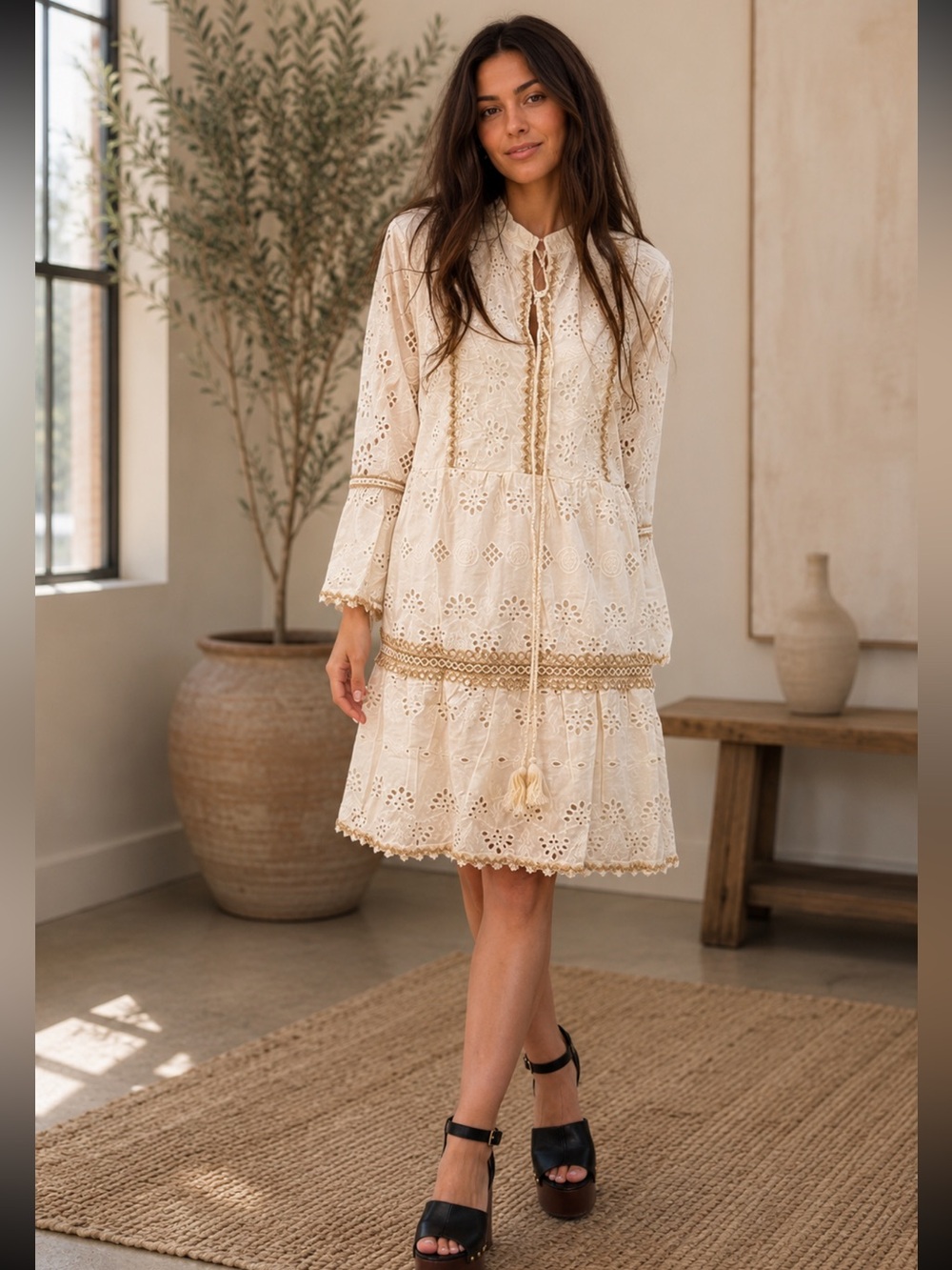 FROM PARIS FRANCE 🇫🇷 BOHO Cream Eyelet Lace Boho Dress